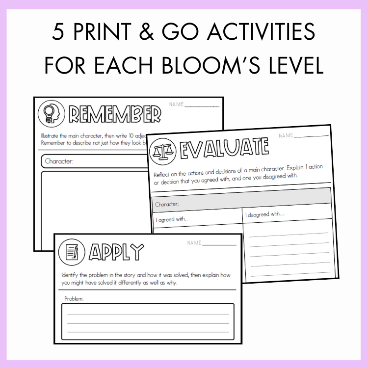 Three educational worksheets with Bloom's Taxonomy levels and text on top that reads '5 print and go activities for each bloom's level' on a light purple background.