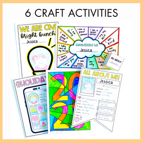 Collection of colorful back to school craft activities with text '6 Craft Activities' on a white background and yellow border. 