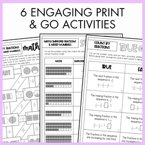 Three overlapping worksheets on a purple background with text '6 Engaging Print & Go Activities'.