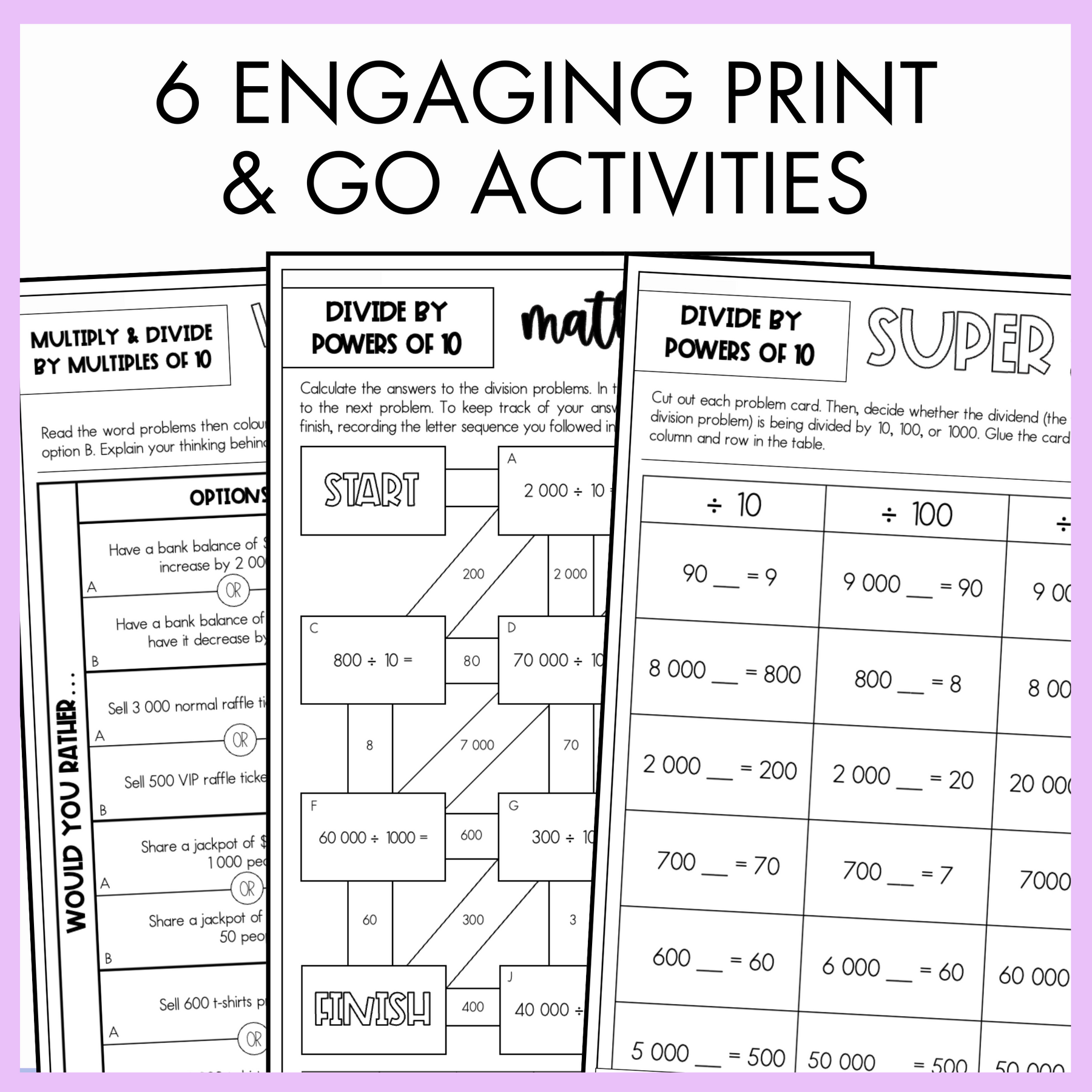Three overlapping worksheets on a purple background with text '6 Engaging Print & Go Activities'.