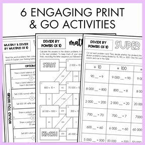 Three overlapping worksheets on a purple background with text '6 Engaging Print & Go Activities'.