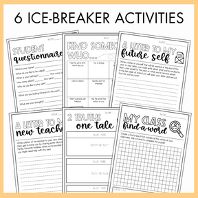 Six ice-breaker activities text featuring 6 worksheets titled 'student questionnaire', 'find someone who', 'a letter to my future self', 'a letter to my new teacher', '2 truths one tale', and 'my class find-a-word' on a yellow background.