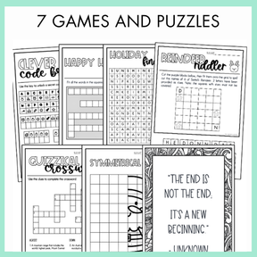 Collection of black and white games and puzzles on a white background with text '7 Games and Puzzles'.