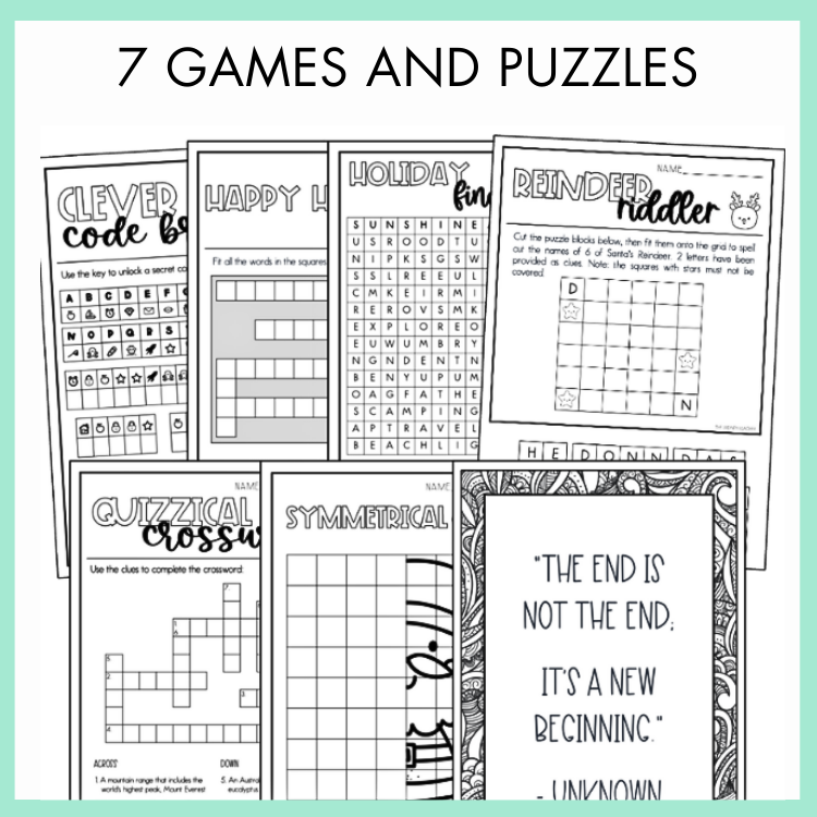 Collection of black and white games and puzzles on a white background with text '7 Games and Puzzles'.