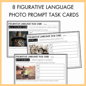 Figurative Language Photo Prompt Task Cards with examples of alliteration, simile, and hyperbole.