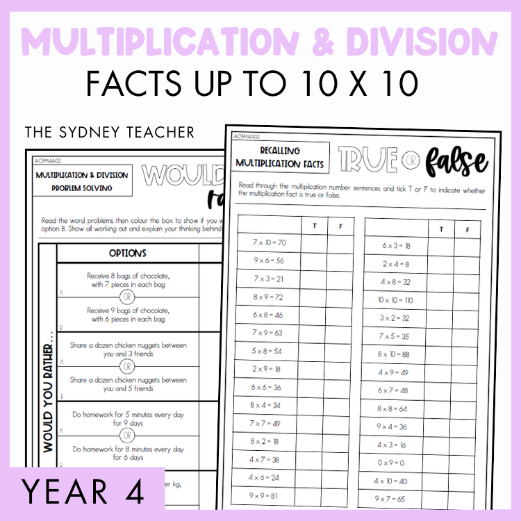 Year 4 Number & Algebra Pack: Multiplication and Division Facts up to 10x10 (AC9M4A02)