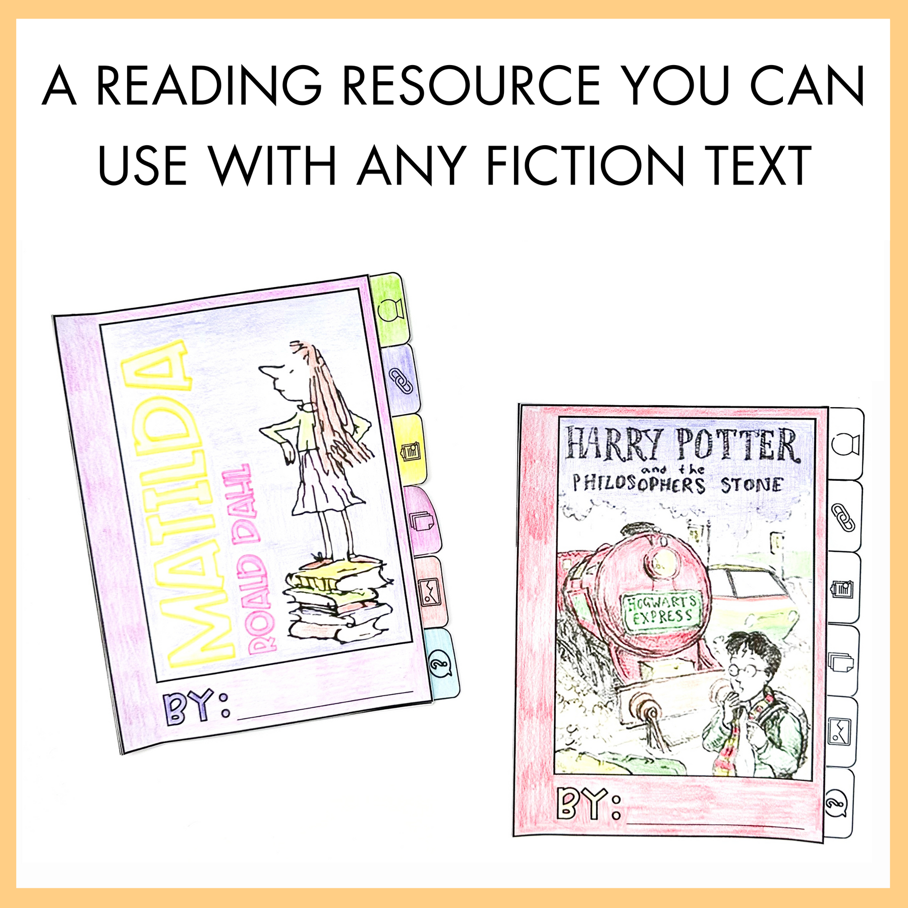Two super six comprehension flipbooks with covers, 'Matilda' and 'Harry Potter and the Philosopher's Stone', with text 'A reading resource you can use with any fiction text'.