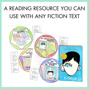 Dodecahedron book report materials with a book titled 'Wonder' by R.J. Palacio on a light green background with text 'A reading resource you can use with any fiction text'.