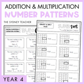 Overlapping maths true or false and super sort worksheets for addition and multiplication number patterns by The Sydney Teacher with a purple border. At the bottom, a banner with the text 'Year 4'.