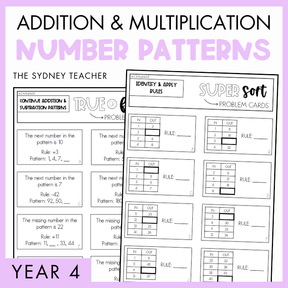 Overlapping maths true or false and super sort worksheets for addition and multiplication number patterns by The Sydney Teacher with a purple border. At the bottom, a banner with the text 'Year 4'.