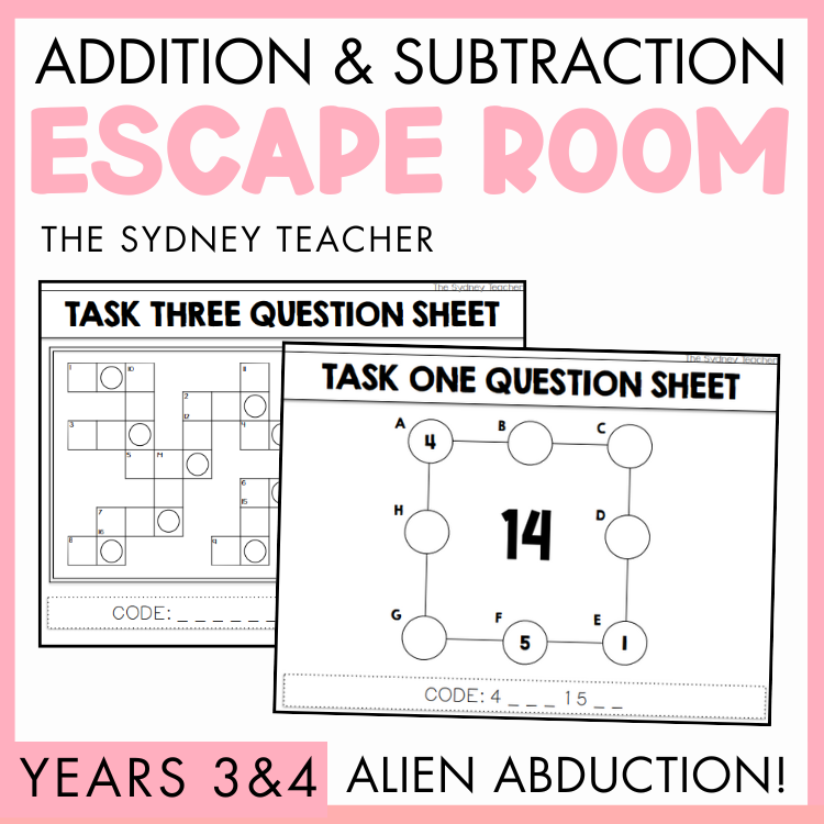 Addition and Subtraction Escape Room for Years 3 and 4 titled 'Alien Abduction!' by The Sydney Teacher featuring task cards with puzzles with a pink border.