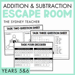 Educational materials for addition and subtraction escape room activity for Years 5&6 by The Sydney Teacher, including task cards and question sheets, on a light green background.