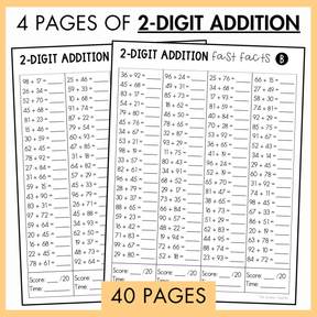 Two pages of two-digit addition worksheets with a yellow background containing the text '40 pages'. On top, the text reads '40 pages of 2-digit addition'.