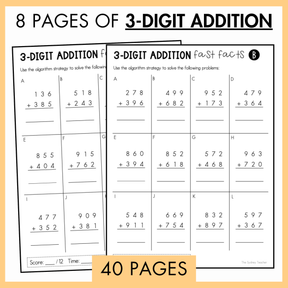 Two pages of 3-digit addition worksheets with problems and answers. Below is a yellow banner with text '40 pages' and on top, the text reads '8 pages of 3-digit addition.'