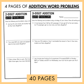 Pages of 2 and 3-digit addition word problems with a yellow border. Below is a banner with text '40 pages' and on top the text reads '4 pages of addition word problems'. 
