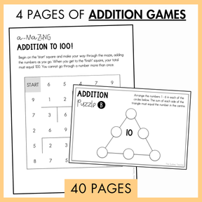 Two pages of addition games with a yellow border and banner below with text '40 pages'. On top the text reads, '4 pages of addition games'. 