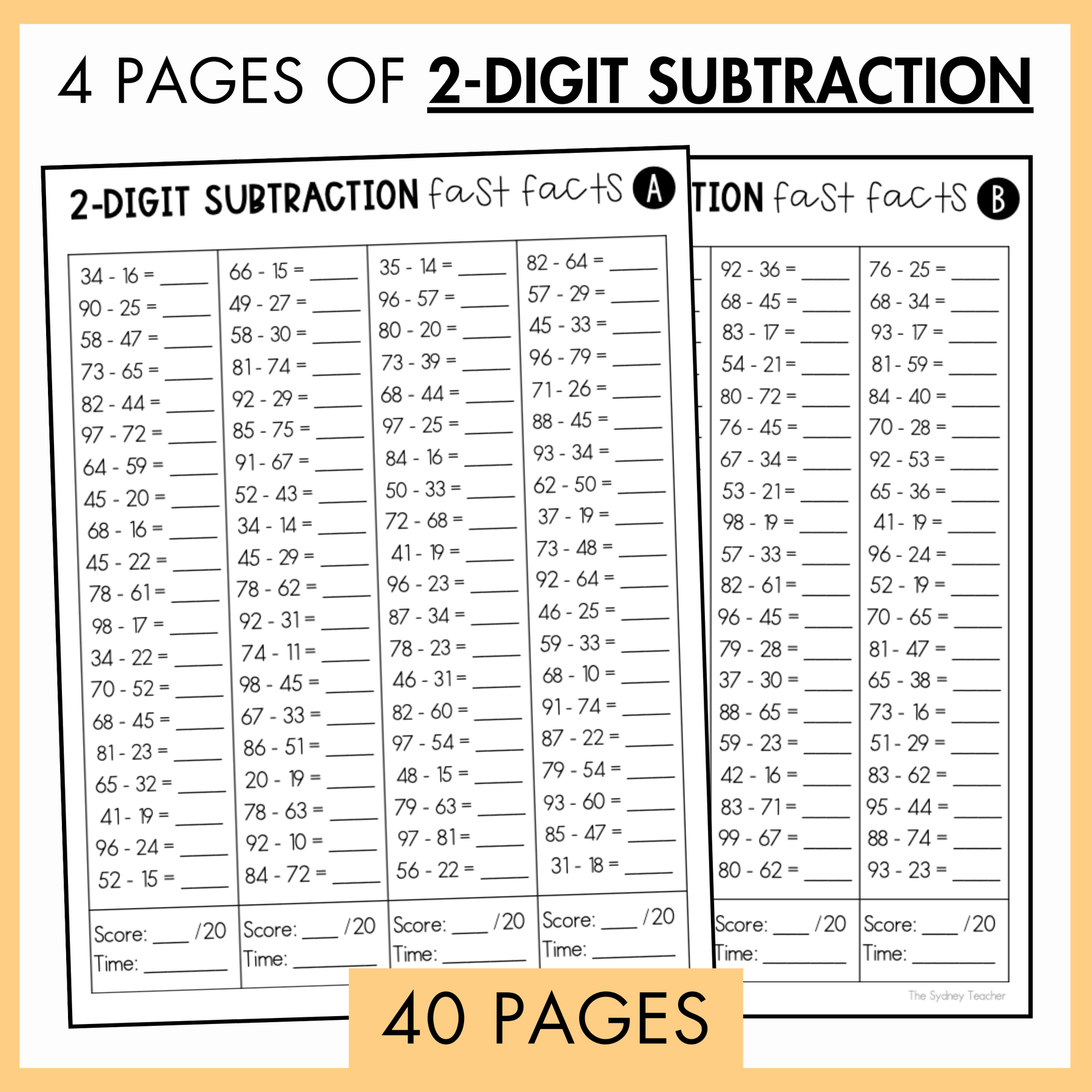 Two pages of 2-digit subtraction practice sheets with a total of 40 pages. On top, the text reads '4 pages of 2-digit subtraction'. 