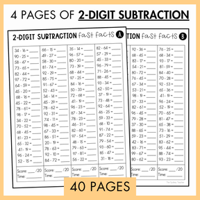 Two pages of 2-digit subtraction practice sheets with a total of 40 pages. On top, the text reads '4 pages of 2-digit subtraction'. 