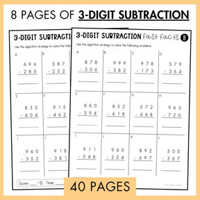 Two pages of 3-digit subtraction worksheets with a yellow border and text below '40 pages'. On top, the text reads '8 pages of 3-digit subtraction.'