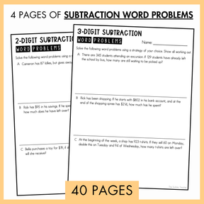 Two pages of 2 and 3 digit subtraction word problems with a yellow banner below with text '40 pages' and on top, '4 pages of subtraction word problems.'