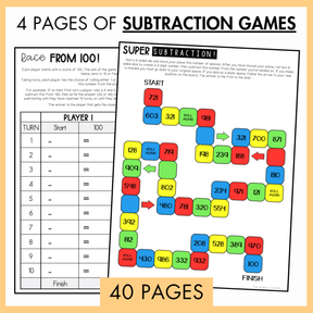 Two pages of subtraction games with colorful numbers and titles with '40 pages' text below. Above the worksheets, the text reads '4 pages of subtraction games'. 