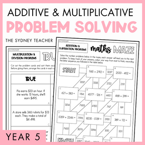 Cover of a educational product titled 'Additive and Multiplicative Problem Solving' for Year 5, by The Sydney Teacher featuring sample True or False worksheet on multiplication and division problems and a maths maze activity.