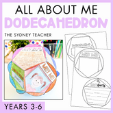 Dodecahedron craft kit for Years 3-6 by The Sydney Teacher with 'All About Me Dodecahedron' text and dodecahedron illustration on a purple background.