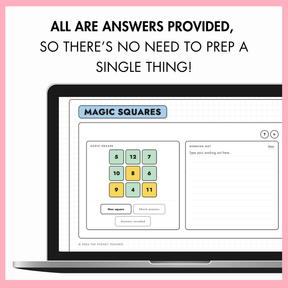 A promotional graphic for a digital 'Magic Squares' worksheet or online game, displayed on a laptop screen mockup. The graphic features a pink border, black headline text reading 'ALL ARE ANSWERS PROVIDED, SO THERE'S NO NEED TO PREP A SINGLE THING!', and the worksheet interface showing a 3x3 grid with numbers and a working out area.