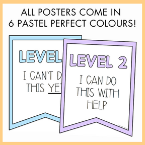 Two posters with text 'Level 1 I can't do this yet' and 'Level 2 I can do this with help' on a pastel background. Above the poster, the text reads 'All posters come in 6 pastel perfect colours!'