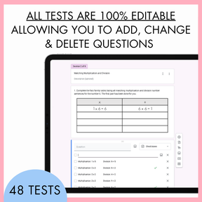 Educational software interface with text about test editing capabilities on a pink background. At the top, the text reads 'All tests are 100% editable allowing you to add, change and delete questions' . At the bottom is a half-circle blue banner with text, '48 tests'.