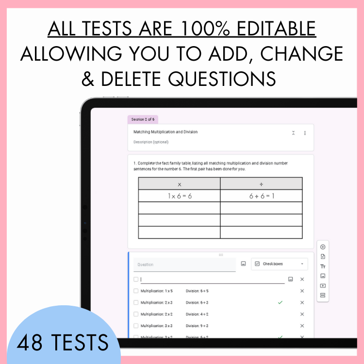 Educational software interface with text about test editing capabilities on a pink background. At the top, the text reads 'All tests are 100% editable allowing you to add, change and delete questions' . At the bottom is a half-circle blue banner with text, '48 tests'.