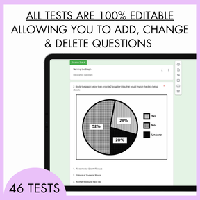 Screen of a digital test with a pie chart and text about test editing capabilities on a light purple background. At the top, the text reads 'All tests are 100% editable allowing you to add, change and delete questions' . At the bottom is a half-circle light purple banner with text, '46 tests'.