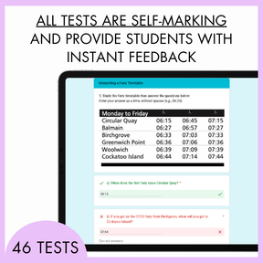 Screen displaying a ferry timetable with text about self-marking tests and instant feedback on a light purple background. At the top, the text reads 'All tests are self-marking and provide students with instant feedback'. While at the bottom is a half-circle light purple banner with text, '46 tests'. 