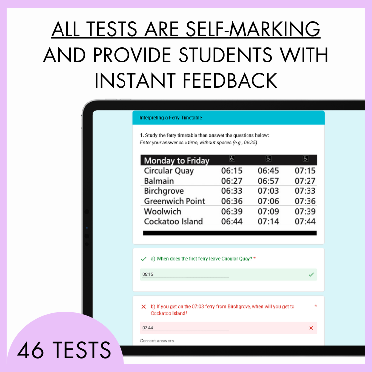 Screen displaying a ferry timetable with text about self-marking tests and instant feedback on a light purple background. At the top, the text reads 'All tests are self-marking and provide students with instant feedback'. While at the bottom is a half-circle light purple banner with text, '46 tests'. 