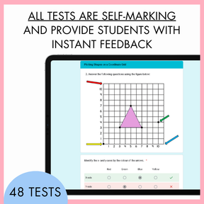 Educational software interface with a grid and geometric shape on a computer screen, framed by a pink border with text that reads 'All tests are self-marking and provide students with instant feedback'. While at the bottom is a half-circle blue banner with text, '48 tests'. 