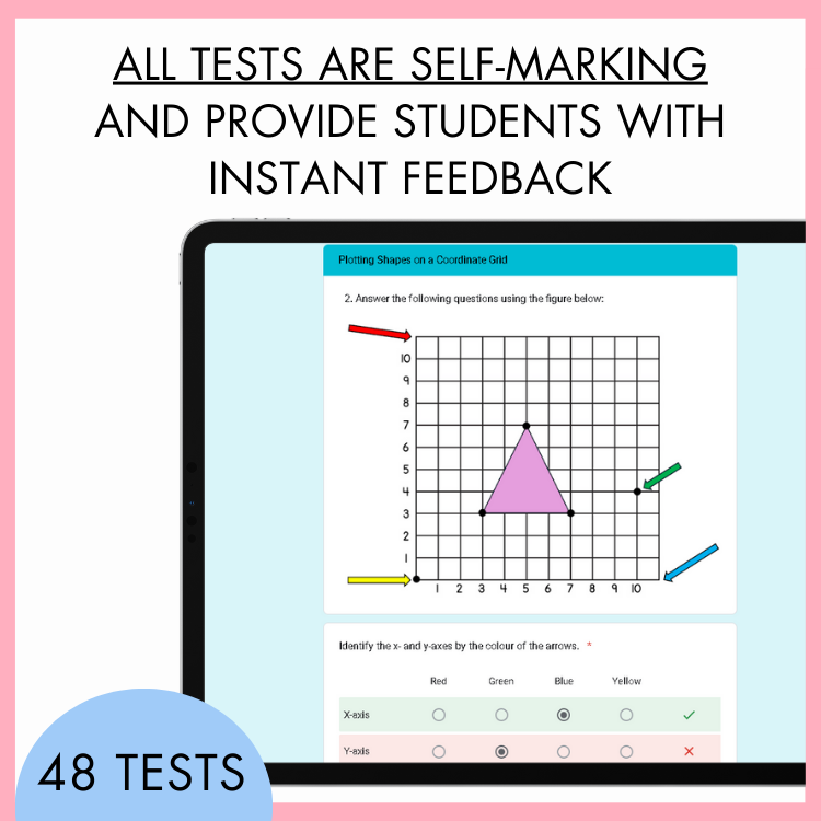 Educational software interface with a grid and geometric shape on a computer screen, framed by a pink border with text that reads 'All tests are self-marking and provide students with instant feedback'. While at the bottom is a half-circle blue banner with text, '48 tests'. 