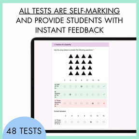 Educational test interface with fraction question and options on a tablet screen, with text that reads 'All tests are self-marking and provide students with instant feedback'. While at the bottom is a half-circle blue banner with text, '48 tests'. 