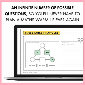 Promotional graphic for a digital maths resource, featuring a laptop mockup displaying a 'Times Table Triangles' worksheet. The graphic includes the headline 'AN INFINITE NUMBER OF POSSIBLE QUESTIONS, SO YOU'LL NEVER HAVE TO PLAN A MATHS WARM UP EVER AGAIN' at the top, set against a light gray background with a pink border.