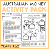 Australian money activity pack for Years 1 and 2 by the Sydney Teacher featuring worksheets titled 'The Same As' and 'Let's Go Shopping!' with illustrations on a yellow background.