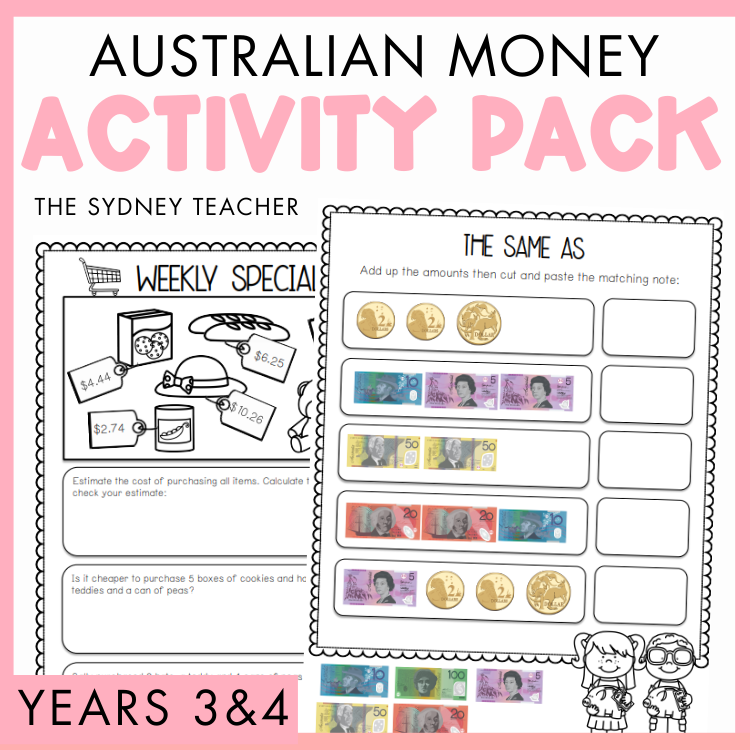Australian money activity pack for Years  3 and 4 by the Sydney Teacher featuring worksheets titled 'The Same As' and 'Weekly Specials' with money illustrations on a pink background.