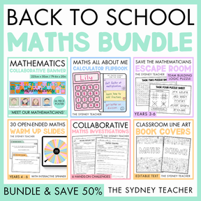 A promotional graphic for a 'Back to School Maths Bundle' by The Sydney Teacher, featuring previews of various digital and printable educational resources like collaborative mathematics banner, a maths all about me calculator flipbook, save the mathematicians escape room puzzle, 30 open-ended maths warm-up slides, collaborative maths investigations, and classroom line arts book covers on a light teal background with text saying bundle and save 50%.