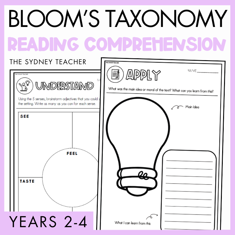 Bloom's Taxonomy Reading Comprehension for Years 2-4 by the Sydney Teacher featuring reading comprehension worksheets titled 'Understand' and 'Apply' with a light bulb graphic on a purple background.