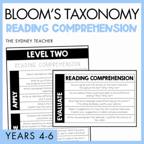 Bloom's Taxonomy Reading Comprehension resource by The Sydney Teacher for years 4-6 featuring worksheets on levels of reading comprehension on a blue background.