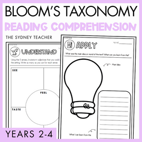 Bloom's Taxonomy Reading Comprehension resource for Years 2-4 by The Sydney Teacher featuring worksheets on 'Understand' and 'Apply' with a light bulb graphic on a purple background.