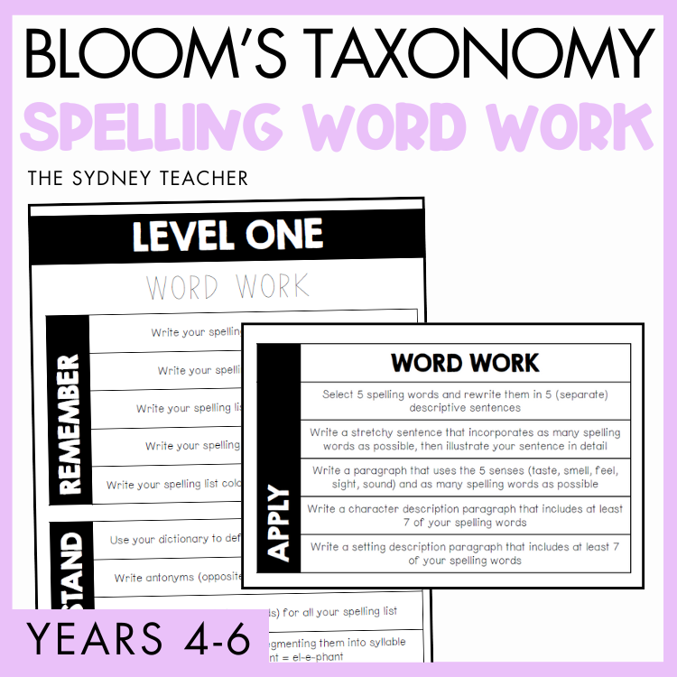 Spelling word work worksheet for Years 4-6 by The Sydney Teacher with Bloom's Taxonomy levels on a purple background. 