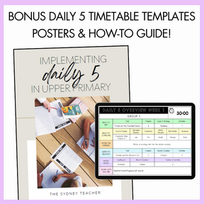 Promotional graphic for the BONUS daily 5 timetable templates, posters, and how-to guide with a laptop and tablet displaying a timetable.