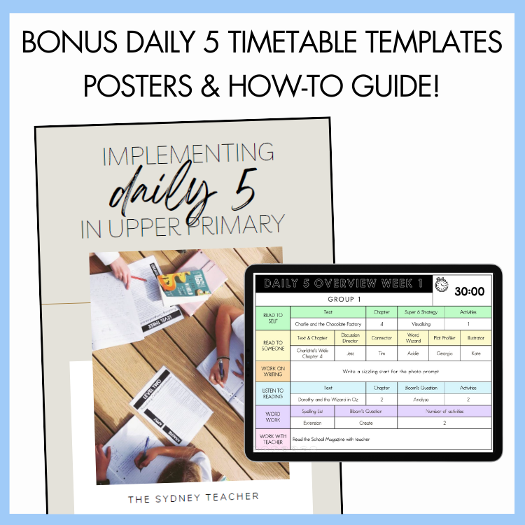Promotional graphic for daily 5 timetable templates, posters, and how-to guide with a tablet displaying a timetable.