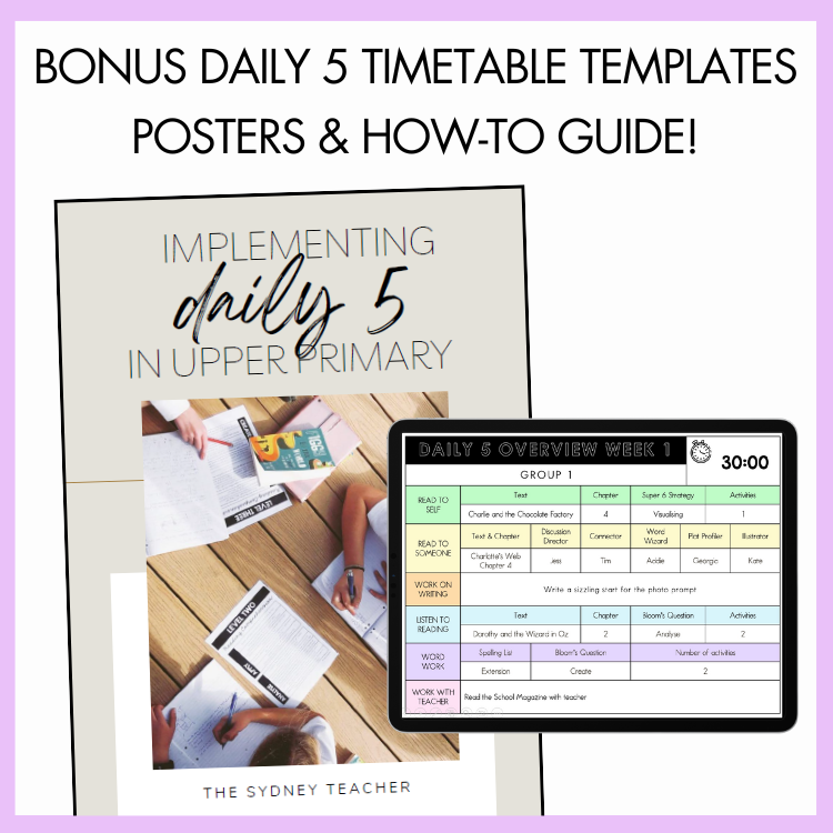 Promotional graphic for the BONUS daily 5 timetable templates, posters, and how-to guide with a laptop and tablet displaying a timetable.