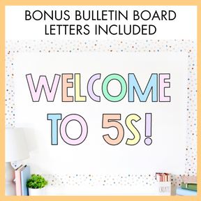 Colorful 'Welcome to 5S!' sign on a white wall with decorative border and 'bonus bulletin board letters included' on top. 