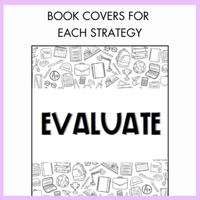 Book cover with 'Evaluate' text and educational icons with text 'Book Covers for Each Strategy' on a light purple background.
